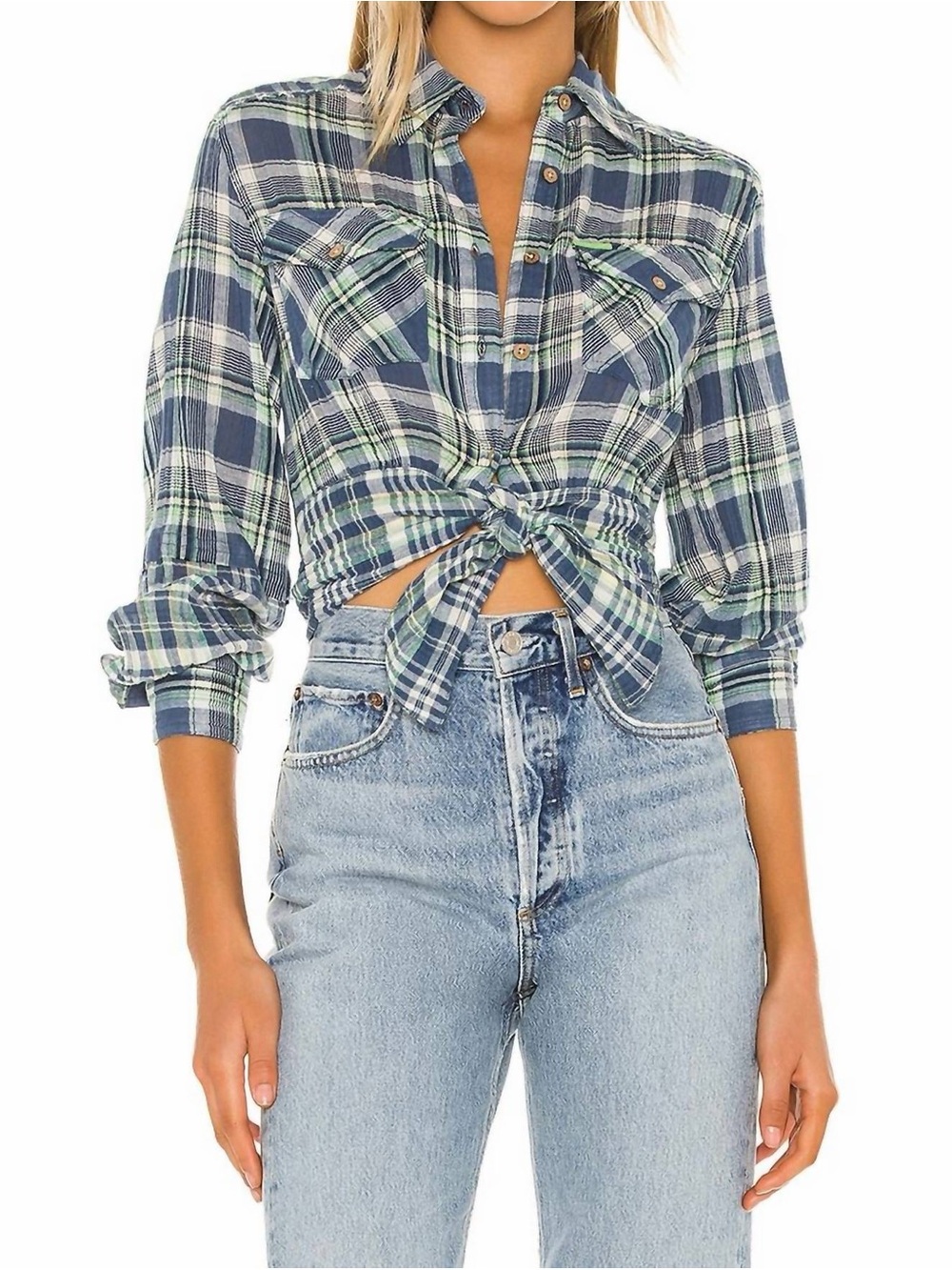 Free People Blue Green Plaid Tie-Front Button-Down Shirt